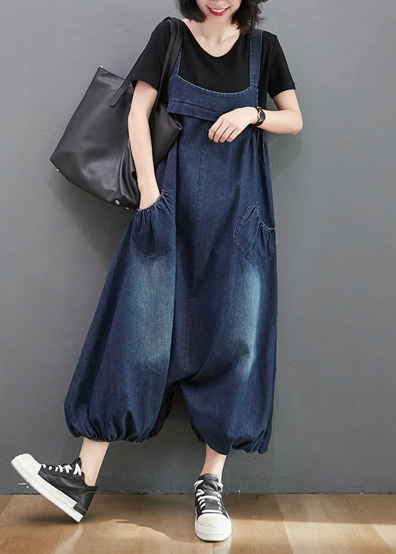 women's jumpsuits with belt loopsLoose Dark Blue Slash Neck Patchwork Lantern Jumpsuit Summer