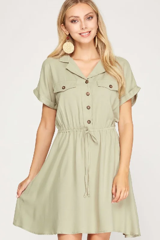 cute Mimi dresses for girlsLT. OLIVE BUTTON DOWN ELASTIC WAIST SHORT SLEEVES WOVEN MINI DRESS S8SS7769