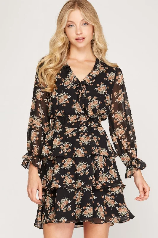 romantic maxi Mimi dresses for date nightsBLACK FLORAL PRINT SMOCKED TIERED LONG SLEEVES MINI DRESS SS7997