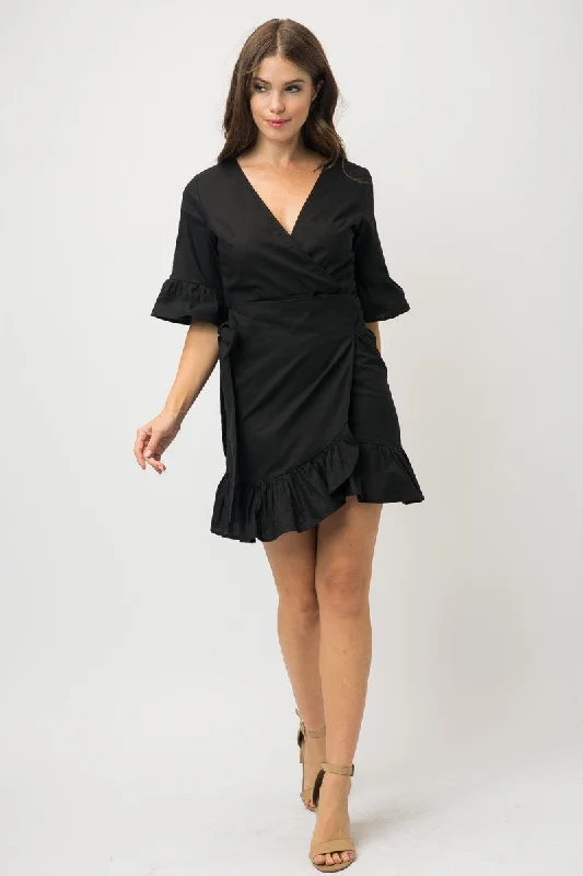 size-inclusive Mimi dresses for all body typesBLACK RUFFLED SHORT SLEEVES TIED SURPLICE MINI DRESS MDR7518