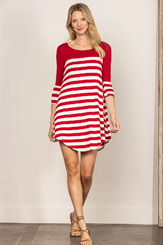 affordable floral Mimi dressesRED STRIPES LONG SLEEVES SWING MINI DRESS D7290