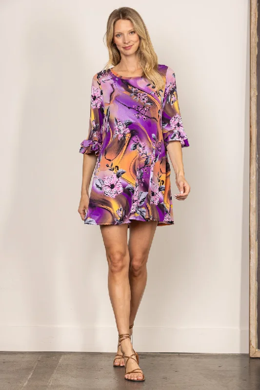 wide-leg Mimi dresses for a flattering fitVIOLET FLORAL PRINT RUFFLED 3/4 SLEEVES SWING MINI DRESS VC3478-C