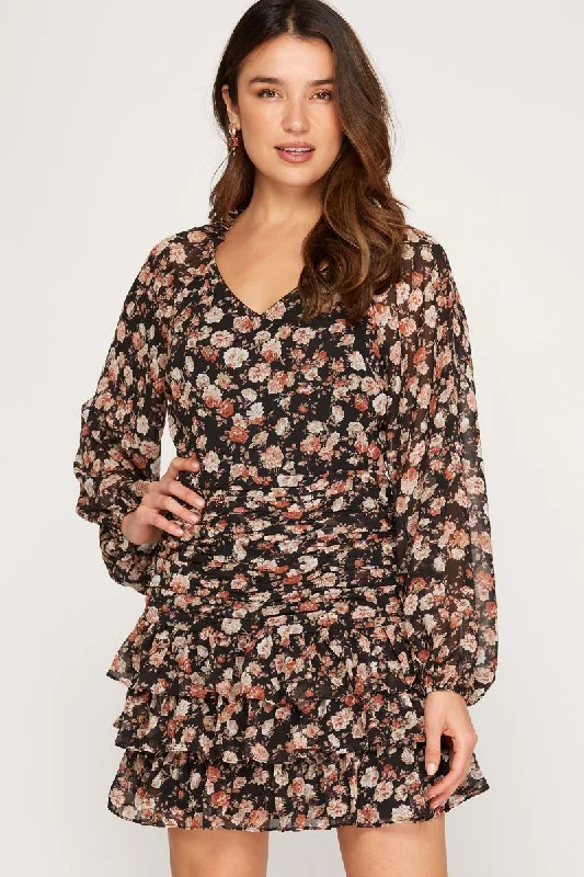 black and white Mimi dresses for timeless chicBLACK FLORAL PRINT LONG RAGLAN SLEEVES RUFFLED MINI DRESS SS7690