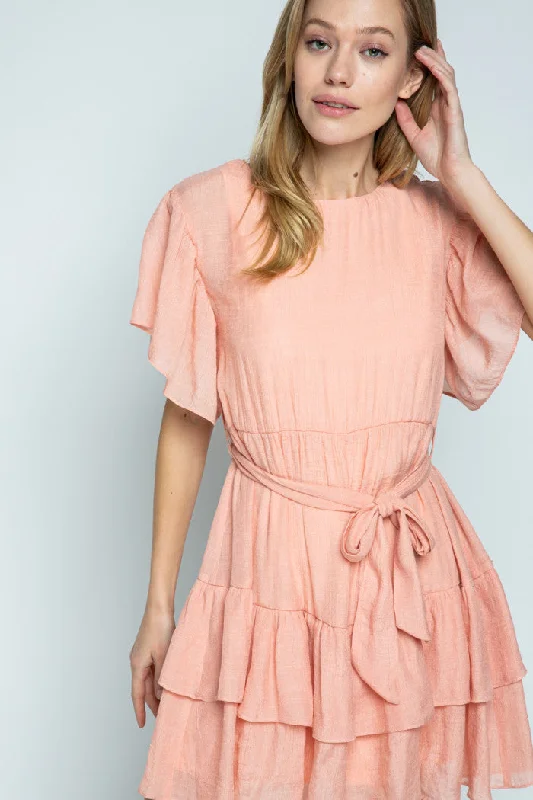 trendy Mimi dresses for InstagramBLUSH ROUND NECK RUFFLED SLEEVES AND HEM MINI DRESS MDR8251