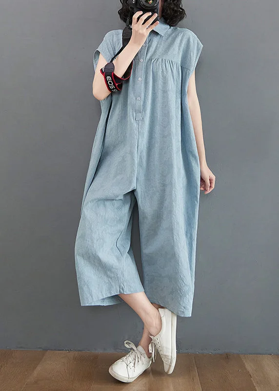 women's jumpsuits with round necksBohemian Light Blue Oversized Patchwork Cotton Jumpsuit Summer