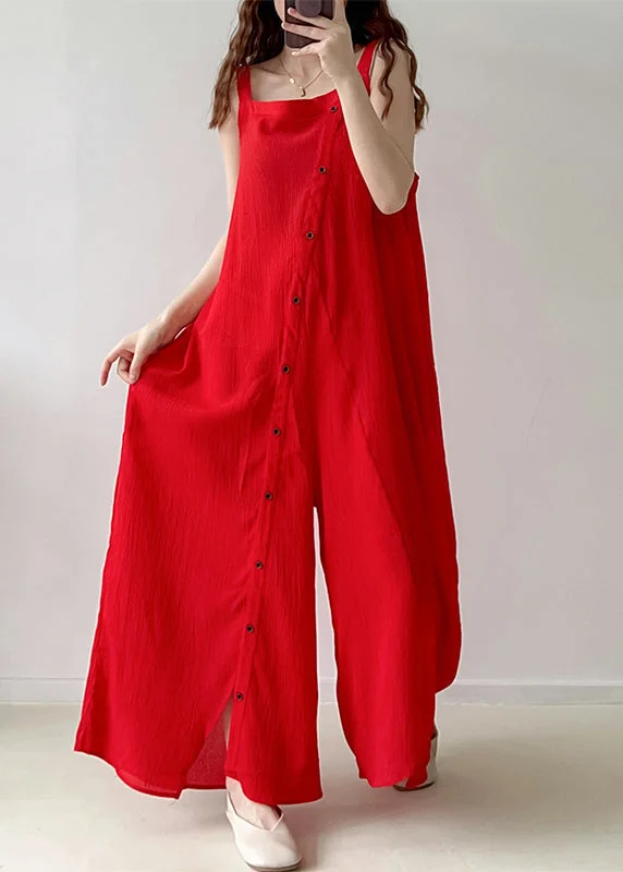 women's jumpsuits with long sleevesBeautiful Red Asymmetrical Single Breaasted Chiffon Jumpsuits Fall