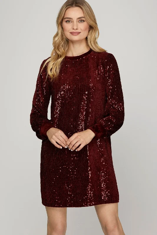 cotton blend Mimi dresses for comfortWINE SEQUIN ROUND NECK VELVET CONTRAST MINI DRESS SSY7835