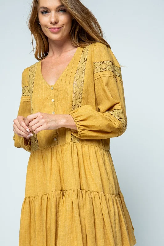 casual yet elegant Mimi dresses for daily wear and special occasionsHONEY GOLD LACE DETAILED RUFFLED LONG SLEEVES MINI DRESS MDR8123