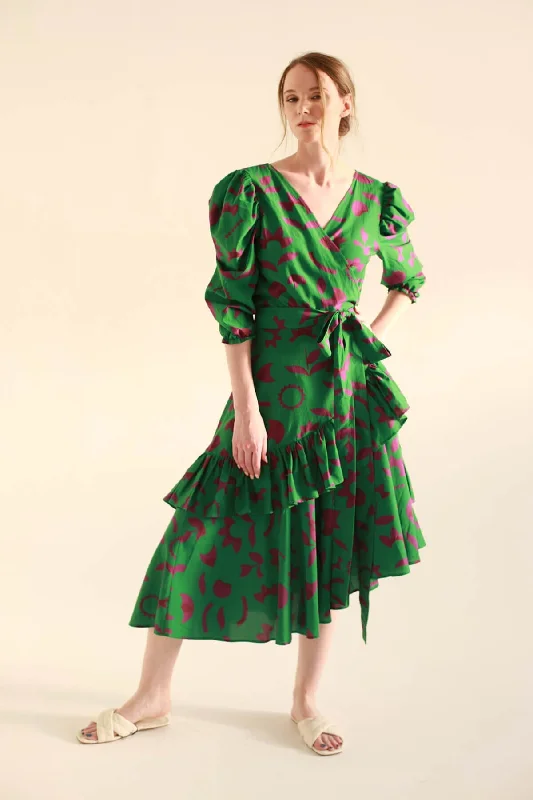 women's maximalist dressesGreen Garden Cotton Silk Wrap Dress