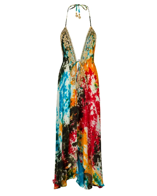 women's spaghetti strap dressesTie Dye Gidget Beaded Halter Dress