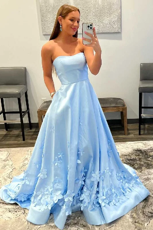 halter prom dresses3D Flower Light Blue Strapless A-Line Prom Dress