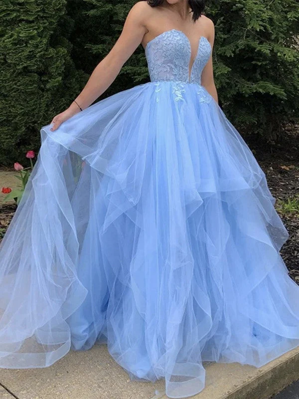 A-line prom dressesA-line Fluffy Sky Blue Lace Fashion Prom Dresses, Strapless Tulle Lace 2021 Prom Dresses