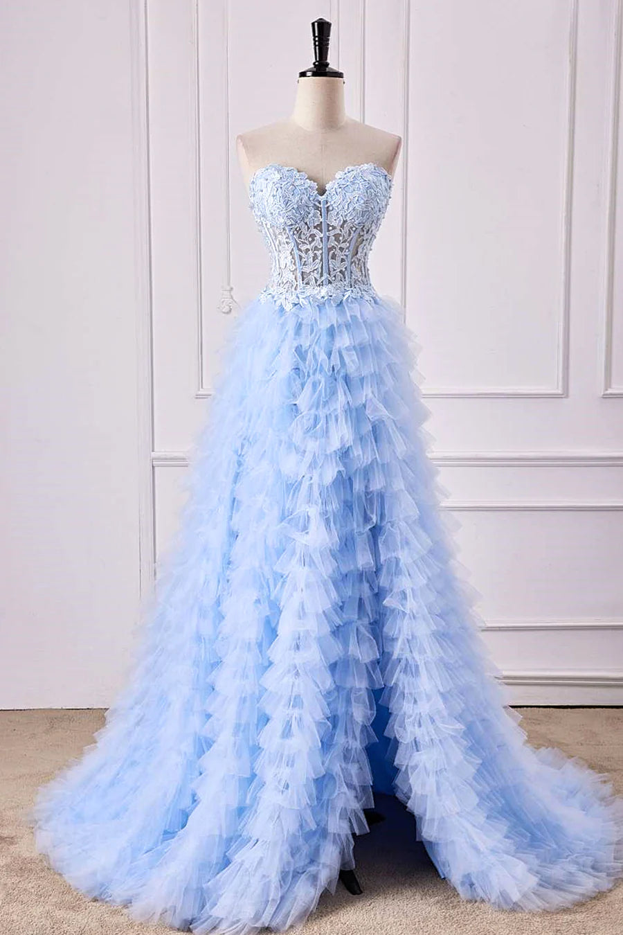 short prom dressesA-Line Light Blue Lace Ruffle Prom Dress Corset Sweetheart Strapless