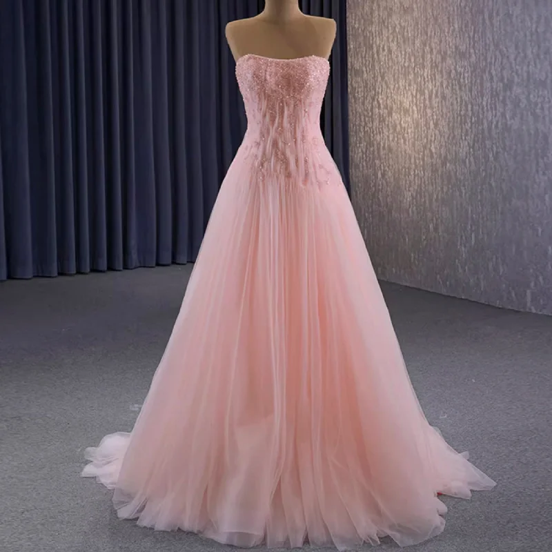 metallic prom dressesA-line Pink Strapless Prom Dress Beaded Tulle Formal Gown