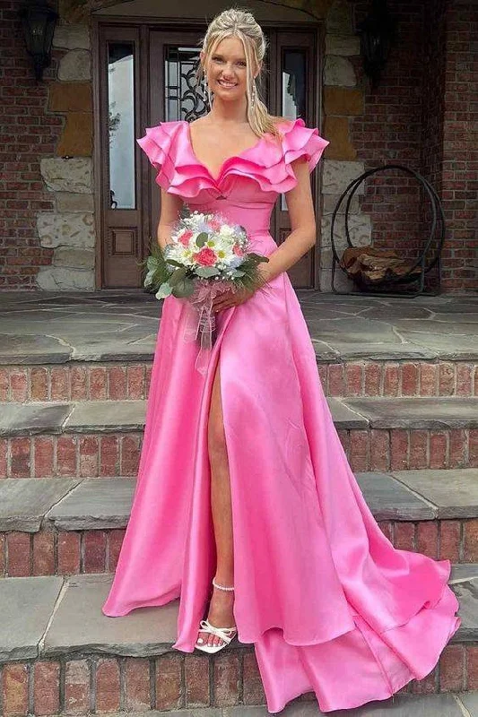 vintage prom dressesA-Line Pink V-Neck Sleeveless Satin Ruched Long Prom Dress with Slit