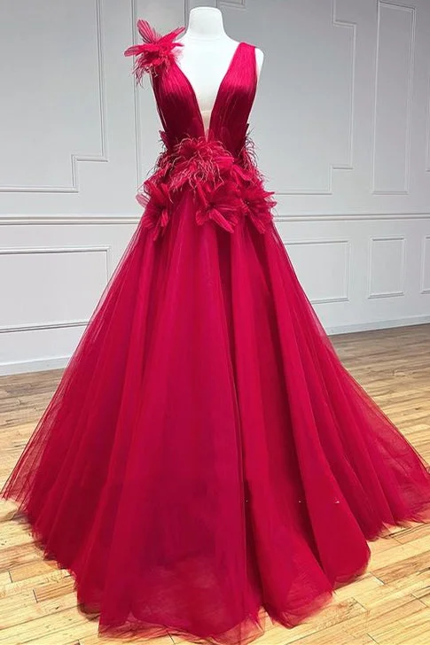 ready-to-wear prom dressesA-Line Red Plunging Neck Long Prom Dress with Floral Appliques