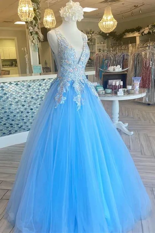 custom prom dressesA-Line Sky Blue V-Neck Long Prom Dress with Floral Appliques