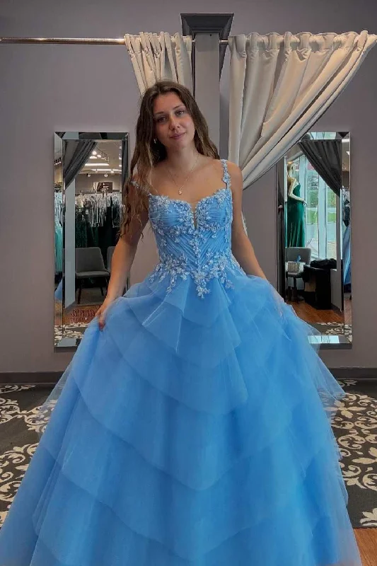 prom dresses with pocketsA-Line Spaghetti Straps V-Neck Empire-Waist Appliques Tiered Long Prom Dress