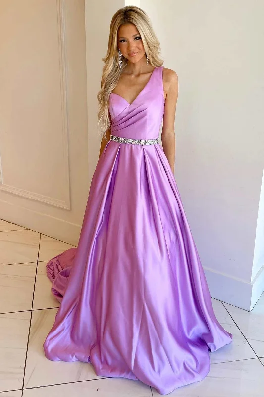 ball gown prom dressesAsymmetrical Lilac Belted A-Line Prom Dress