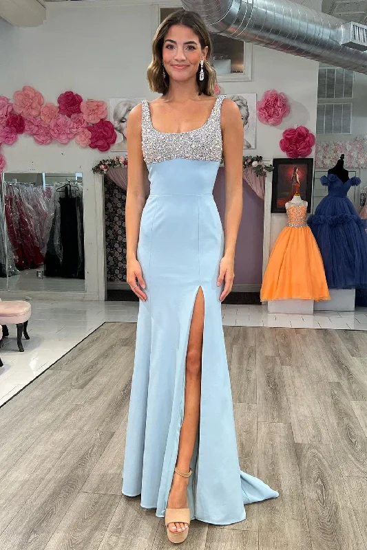 luxury prom dressesBeaded Square Neck Mermaid Long Prom Dress with Slit