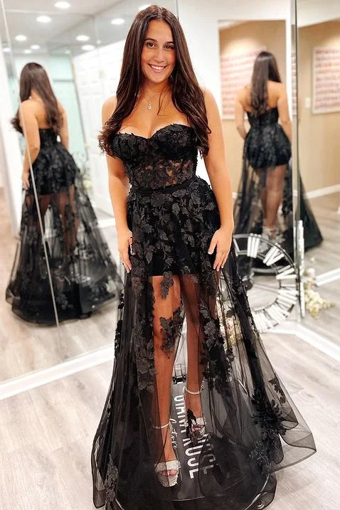 maxi prom dressesBlack Sheer Mesh 3D Floral Lace Strapless A-Line Prom Dress