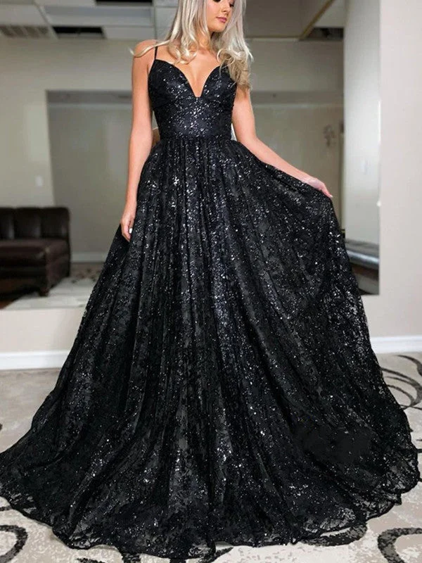 prom dresses with lace appliquésBlack A-line Sequins Long Prom Dresses, Plunging V-neck 2021 Prom Dresses Long