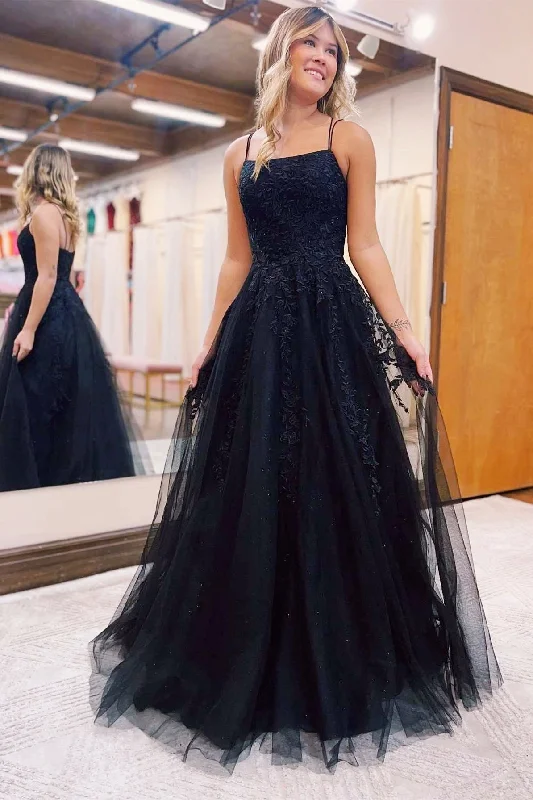 empire waist prom dressesBlack Applique Lace-Up Back A-Line Prom Dress