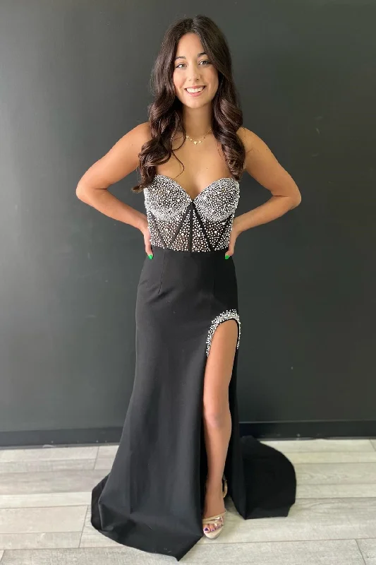 sleeveless prom dressesBlack Beaded Sweetheart Mermaid Long Prom Dress with Slit