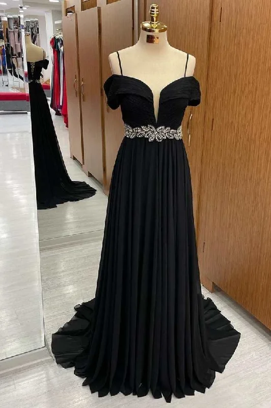 spaghetti strap prom dressesBlack Cold-Shoulder Belted Waist A-Line Prom Dress