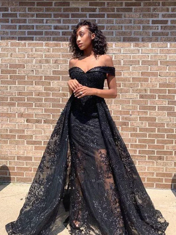 prom dress try-on ideasBlack Lace Affordable 2021 Long Prom Dresses, Off Shoulder Elegant Prom Dresses Long