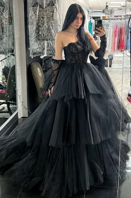 lace-up prom dressesBlack Lace Strapless Multi-Tiered Long Prom Dress