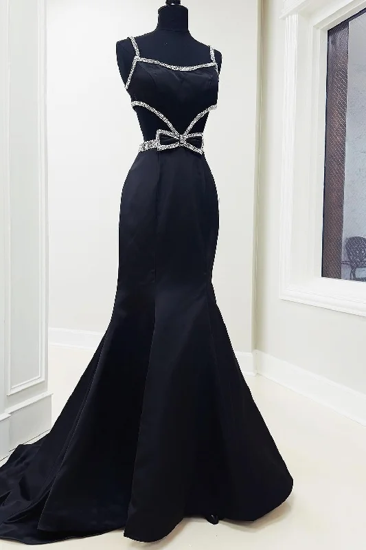 prom dresses with sheer overlaysBlack Mermaid Straps Bow Beads Scoop Satin Long Prom Formal Dress