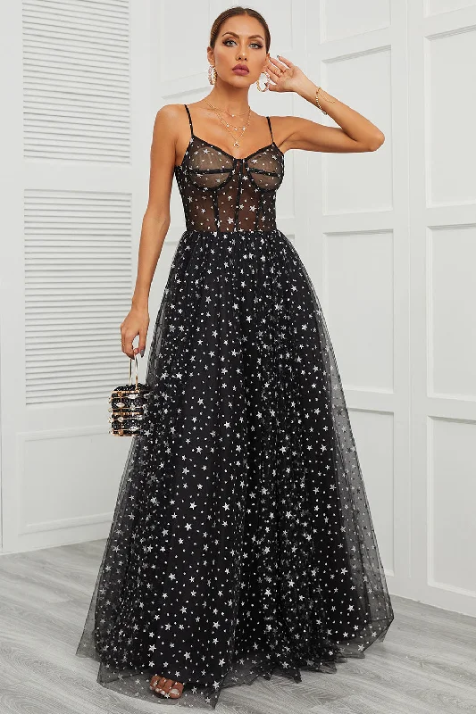 tulle prom dressesBlack Star Sequins Sheer Bodice A-Line Long Prom Dress