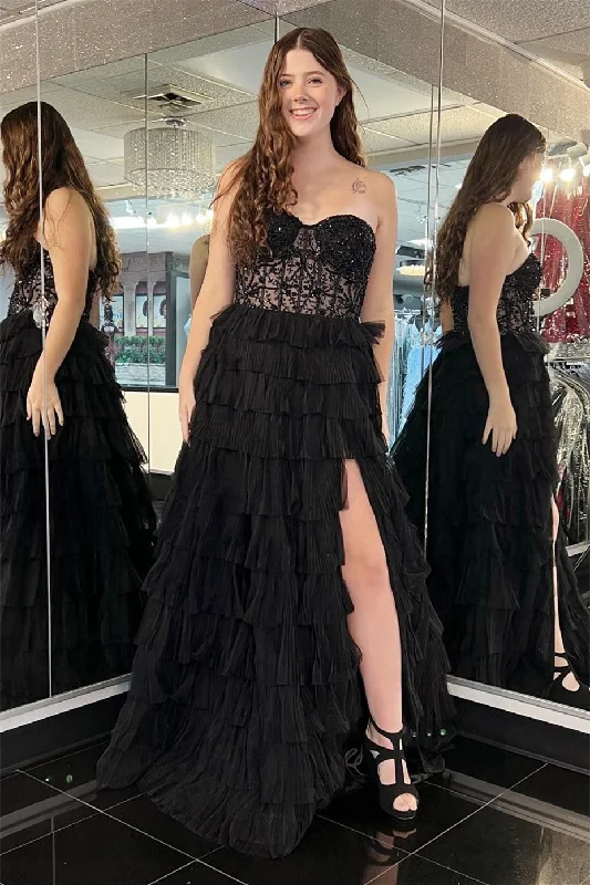 mid-length prom dressesBlack Strapless Appliques Multi-Layers Long Prom Dress with Slit