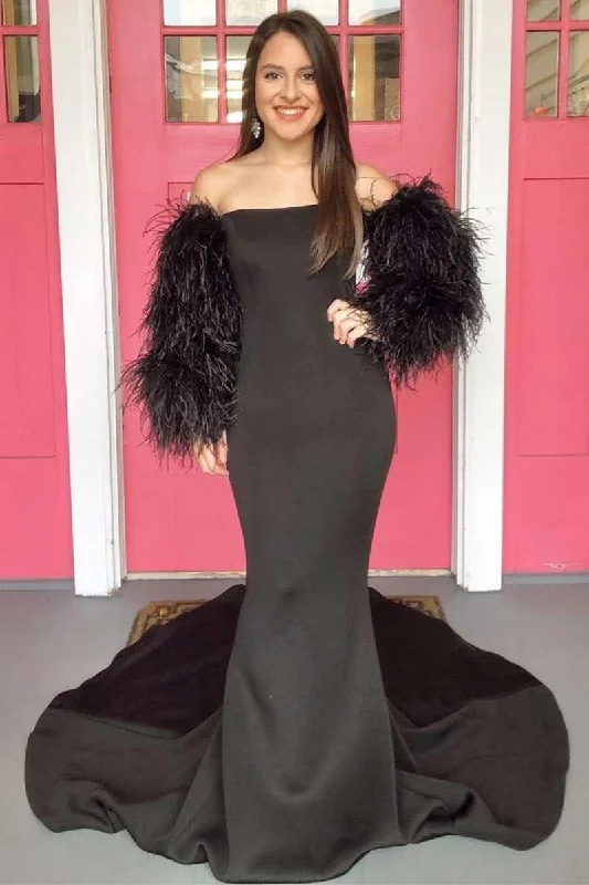 bodycon prom dressesBlack Strapless Trumpet Long Prom Dress with Feather Sleeves