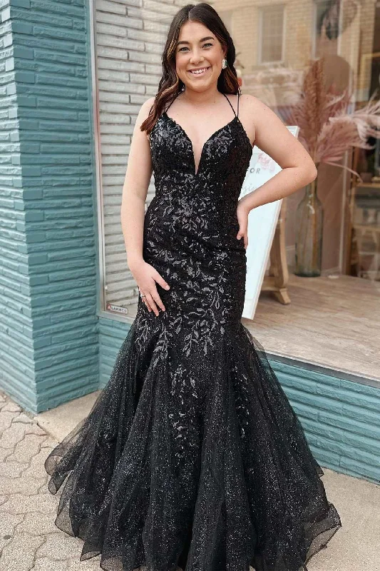 sparkly prom dressesBlack Tulle Applique Plunge V Trumpet Long Prom Dress