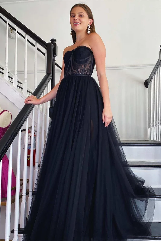 pastel prom dressesBlack Tulle Strapless A-Line Long Prom Dress