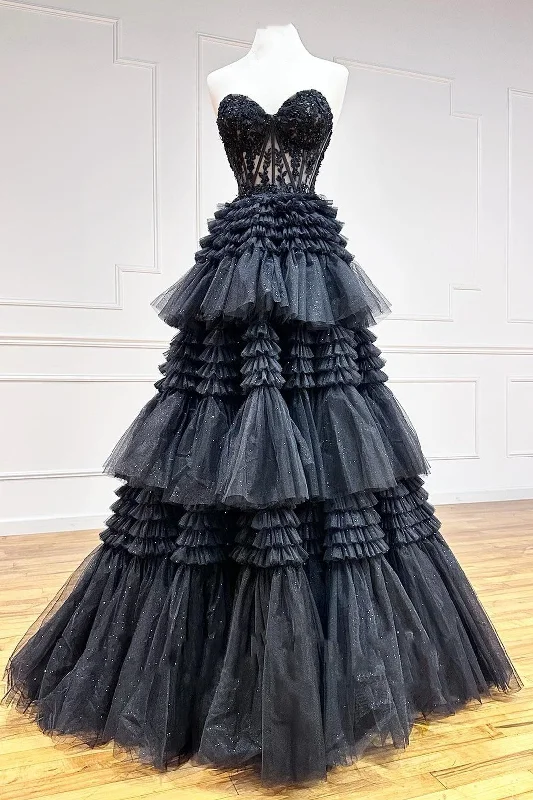 satin prom dressesBlack Tulle Sweetheart Tiered A-Line Long Prom Dress with Ruffles