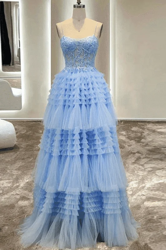 sparkly prom dressesBlue A-Line Spaghetti Straps Appliques Tiered Tulle Long Prom Dress