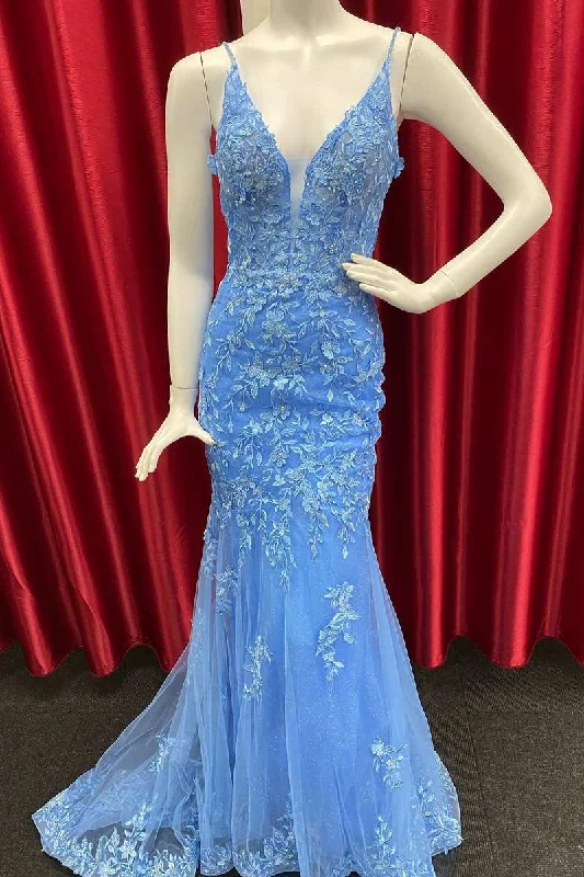 prom dress cleaningBlue Applique V-Neck Backless Mermaid Long Prom Dress