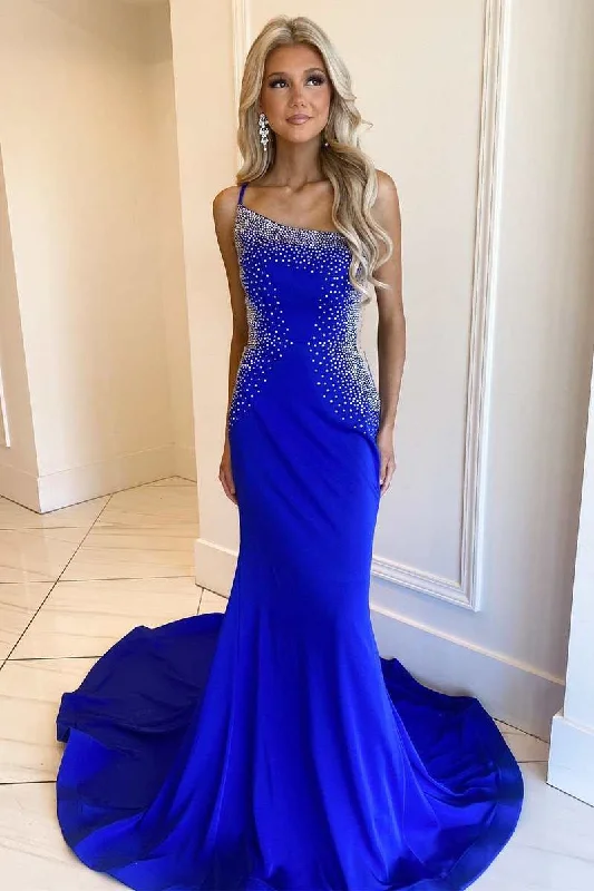 budget-friendly prom dressesBlue Beaded One-Shoulder Backless Mermaid Long Prom Gown