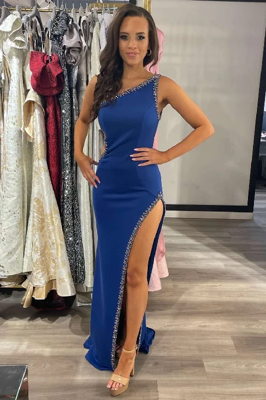 floral prom dressesBlue Beaded One-Shoulder Cutout Long Prom Dress with Slit