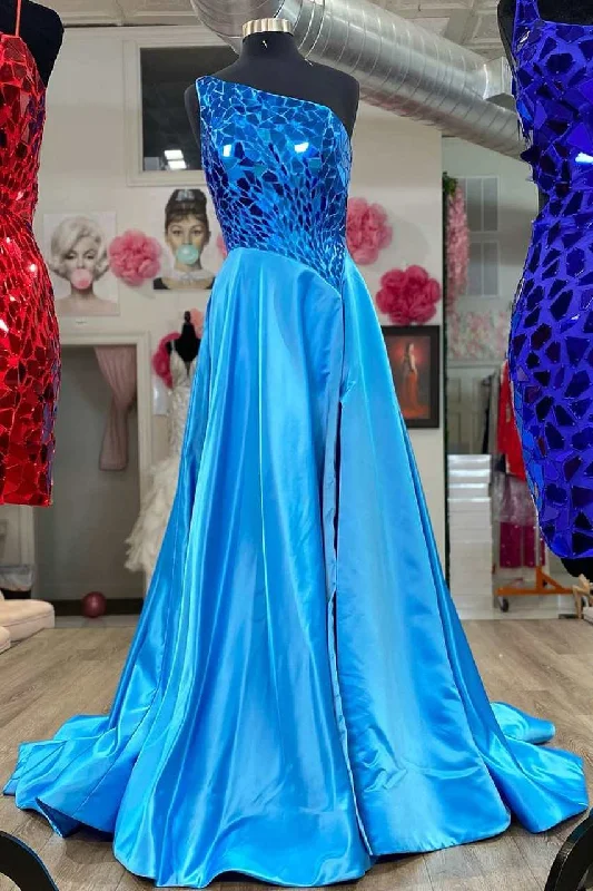 spaghetti strap prom dressesBlue Cut Glass Mirror One-Shoulder A-line Long Prom Dress