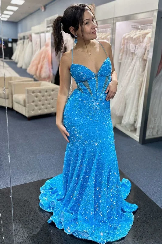 off-the-shoulder prom dressesBlue Iridescent Sequin Prom Dress Straps Mermaid Long