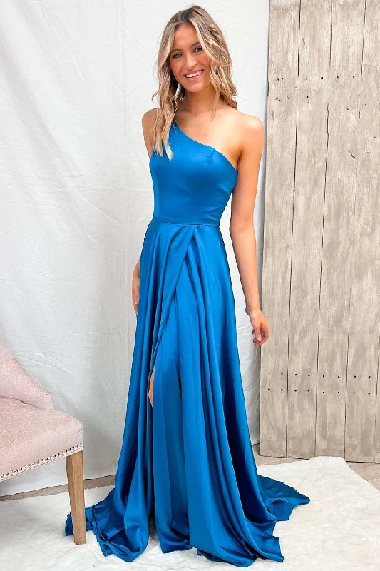 sweetheart neckline prom dressesBlue One-Shoulder Wrap A-Line Prom Dress