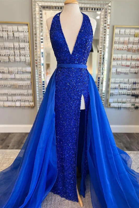 vintage prom dressesBlue Sequin Halter Long Prom Dress with Attached Train