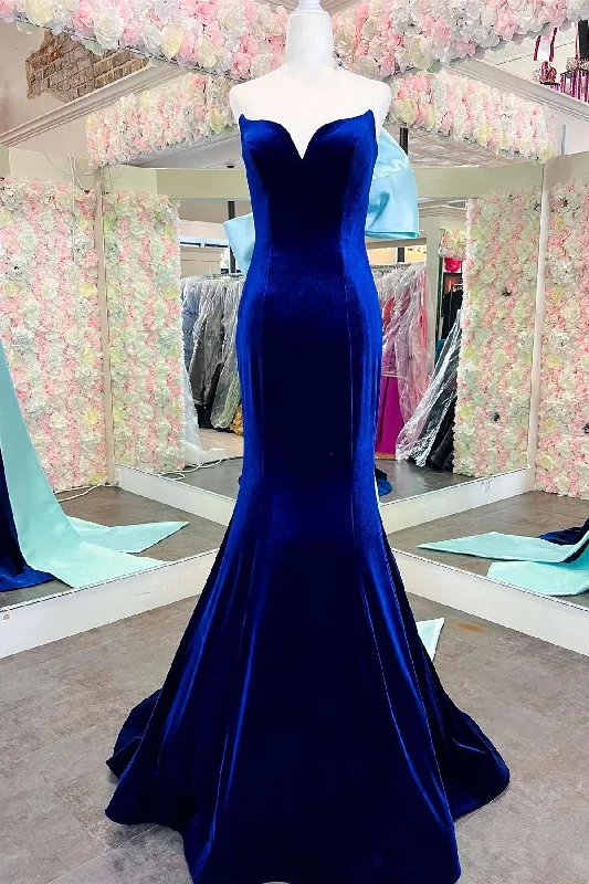 custom prom dressesBlue Velvet Strapless Bow-Back Mermaid Long Prom Dress