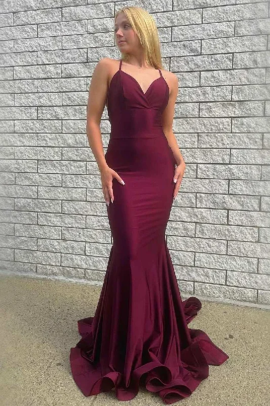 bodycon prom dressesBurgundy V-Neck Lace-Up Back Trumpet Long Prom Gown