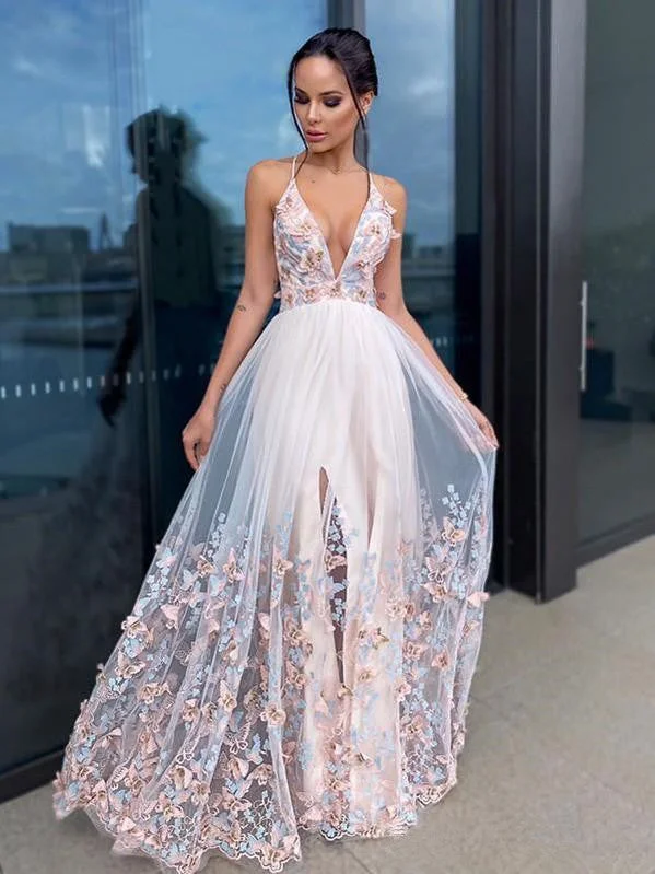 dark prom dressesDeep V-neck Floral Long A-line Prom Dresses, Lovely Colorful Prom Dresses, 2021 Prom Dresses