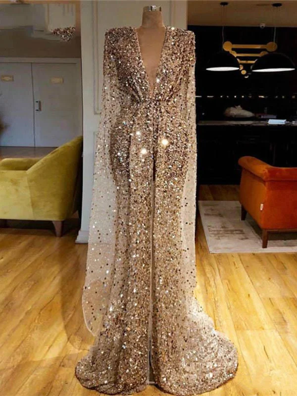 silk prom dressesDeep V-neck Long Sleeves Saprkle Sequin Prom Dresses, Sexy 2021 Prom Dresses, New Prom Dresses